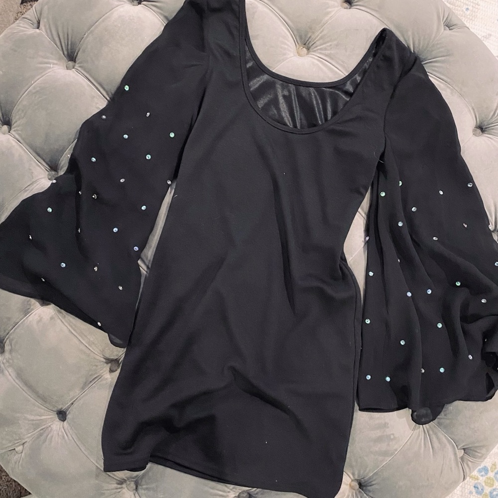 Black Mini Dress with Sheer Chiffon Silver‎ Sequined Bell Sleeves Size Small